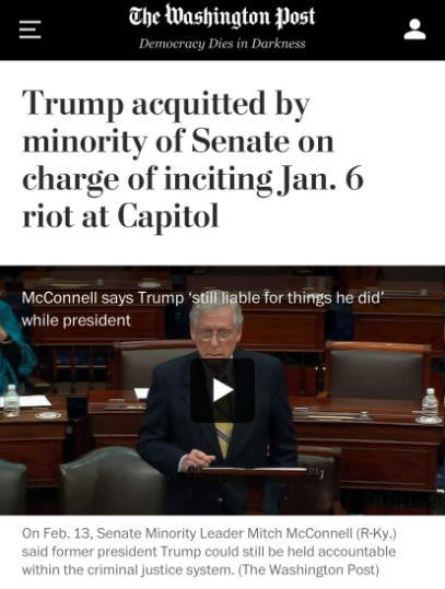 △《华盛顿邮报》报道，美国国会参议院宣布特朗普无罪