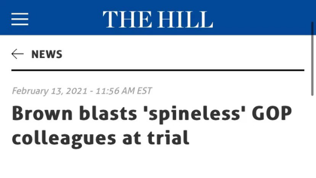 △《国会山报》报道，共和党参议员布朗称其共和党同事没有“脊梁骨”