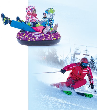 左上：雪友乘坐雪圈嬉戏。右下：雪友享受滑雪乐趣。翟廷飞摄