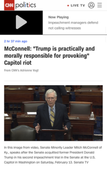 △CNN报道，麦康奈尔称在事实和道德层面上，特朗普均应为国会遭暴力冲击事件负责