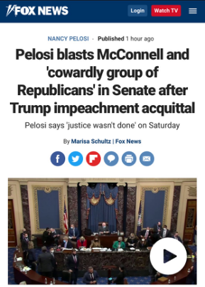 △福克斯新闻报道，众议院议长南希·佩洛西猛烈抨击麦康奈尔及“那群胆小鬼”共和党参议员
