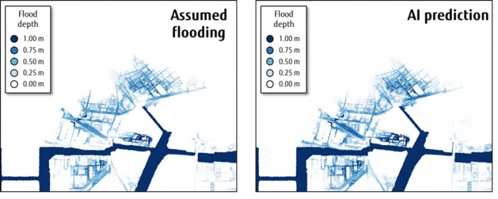 新的AI模型预测的洪水模型作为模拟地震的结果，与日本内阁府所使用的模型进行比较