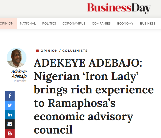 △尼日利亚《商业日报》评论奥孔乔-伊韦阿拉为“铁娘子”