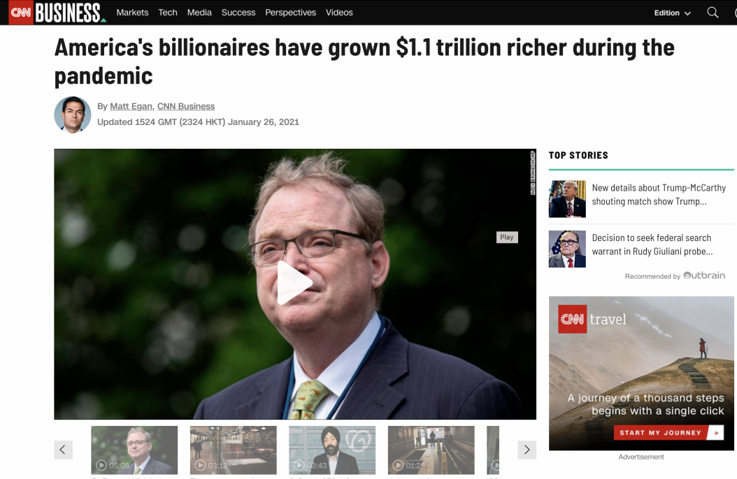 △CNN报道，自2020年3月中旬以来，美国亿万富豪拥有的财富总计增加了1.1万亿美元