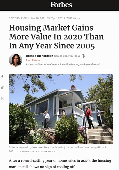 △《福布斯》称，在2020年房屋销售创下新纪录后，美国房地产市场仍然没有降温的迹象