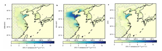 从左到右依次是中国东部2008年-2012年间、2014年-2017年间和2019年的CFC-11排量热力图。（图片来源：Park et al., Nature）