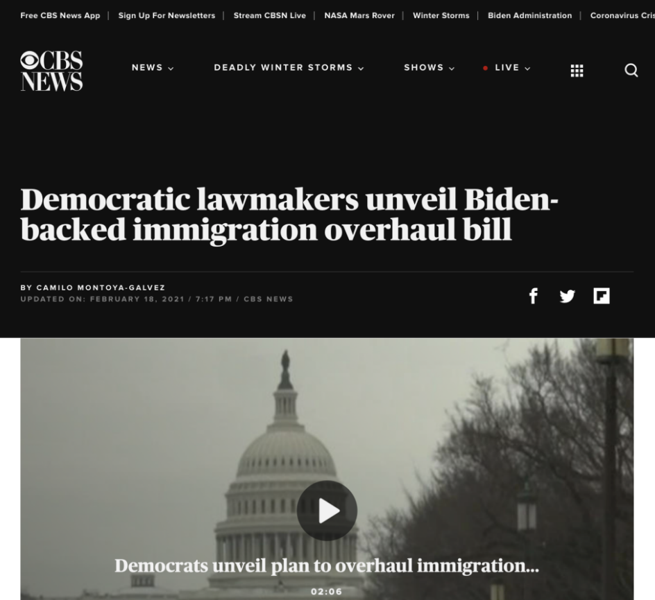 △CBS新闻报道，美国国会民主党议员2月18日公布拜登支持的移民改革法案
