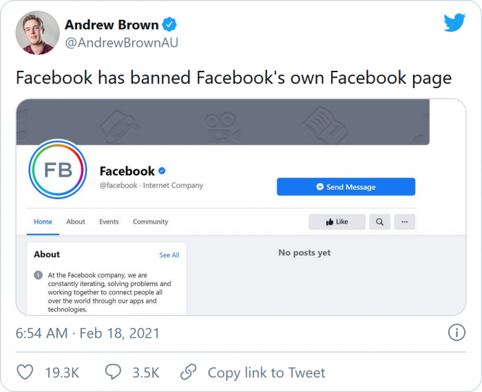 Facebook在对澳用户阅读分享新闻限制时意外屏蔽掉了自己的网页