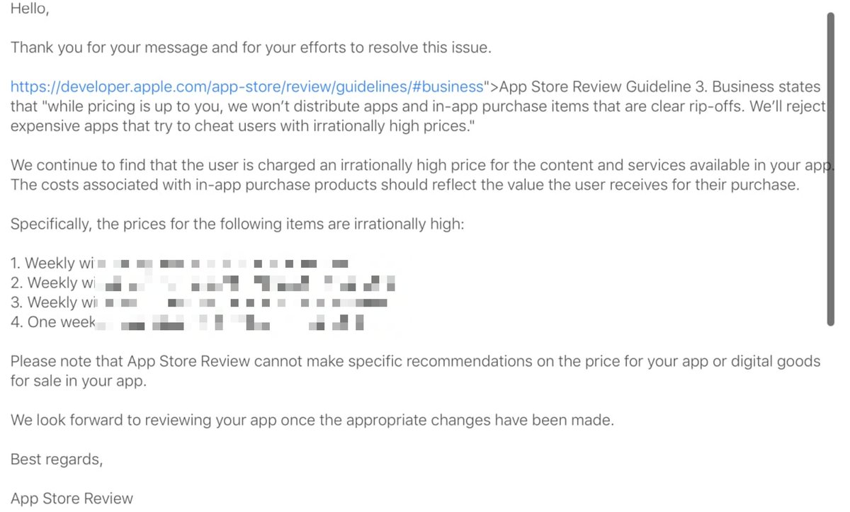 开发者在 Twitter 上公布的邮件截图显示，苹果向开发者告知，它不会上架明显的盗版应用和应用内购买商品，并表示，苹果会拒绝试图以不合理的价格欺骗用户的昂贵应用。