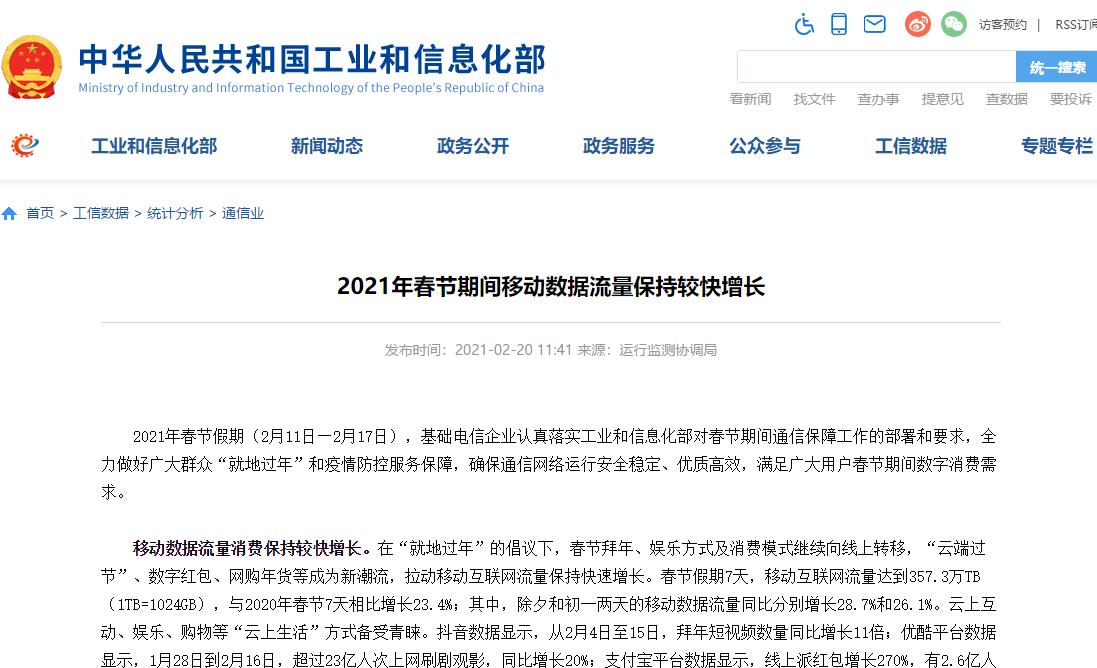 工信部：春节假期移动互联网流量达357.3万TB  同比增长23.4%