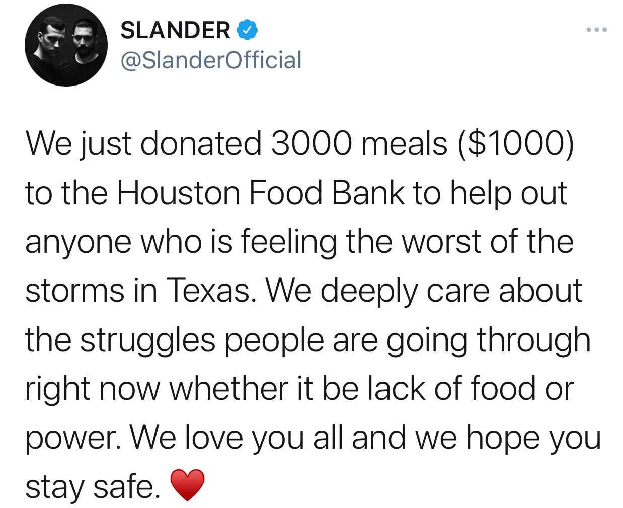 △网友：我们向休斯敦食品银行捐赠了3000顿饭（1000美元），以帮助那些在得克萨斯州受到风暴影响的人。爱你们！