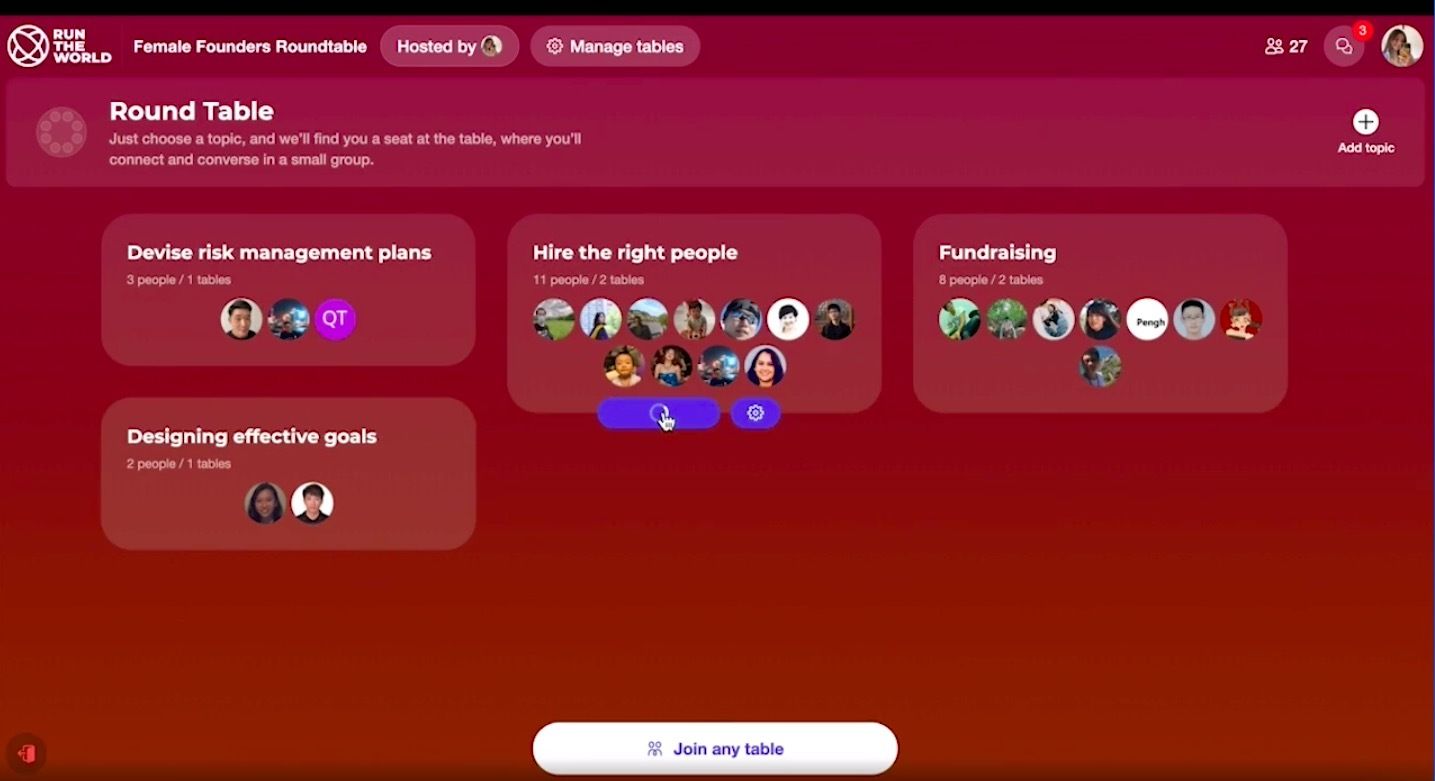 RunThe World活动页面，选择一个「圆桌」即可加入视频讨论