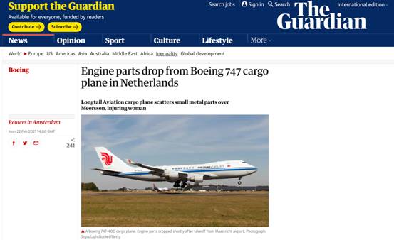 英媒报道百慕大长尾航空波音货机零件掉落 却配了张国货航的图