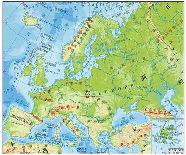 图2欧洲地势图