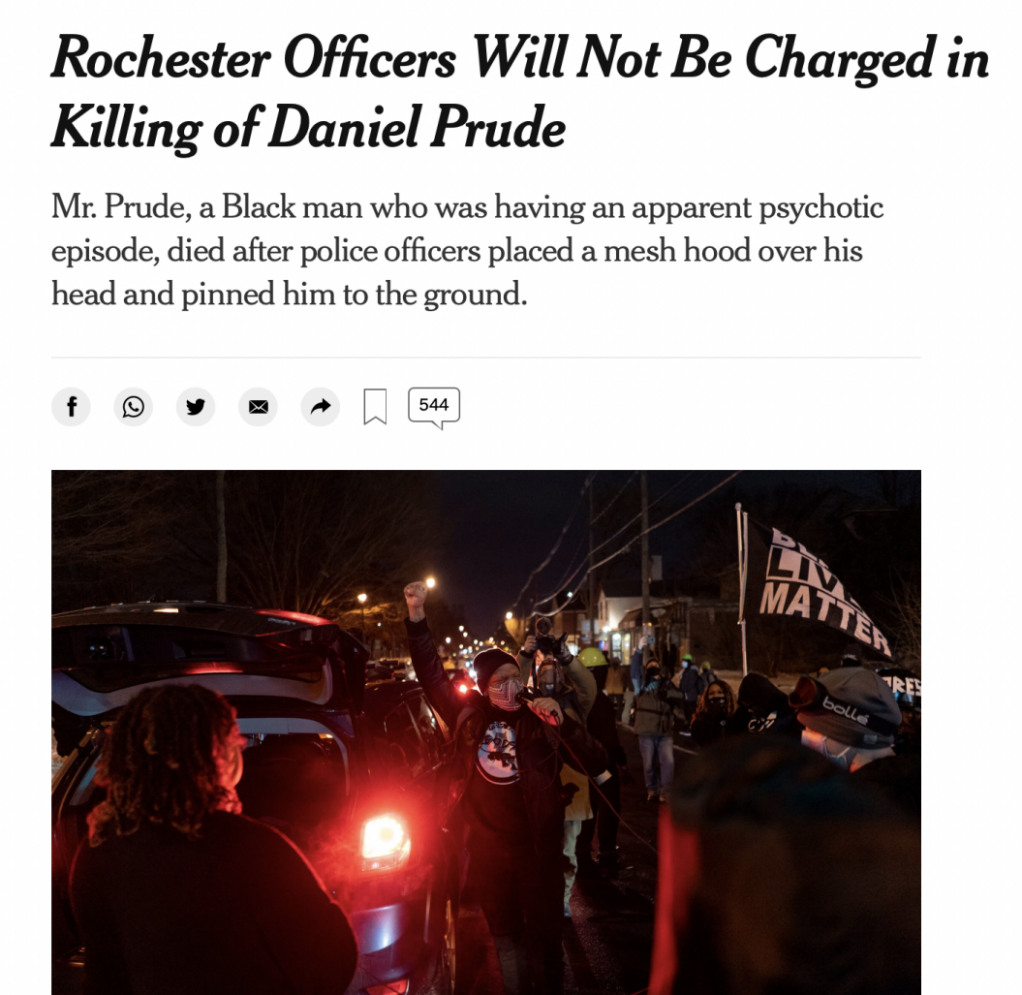 △《纽约时报》报道，罗切斯特市警察不会因丹尼尔·普鲁德之死被起诉