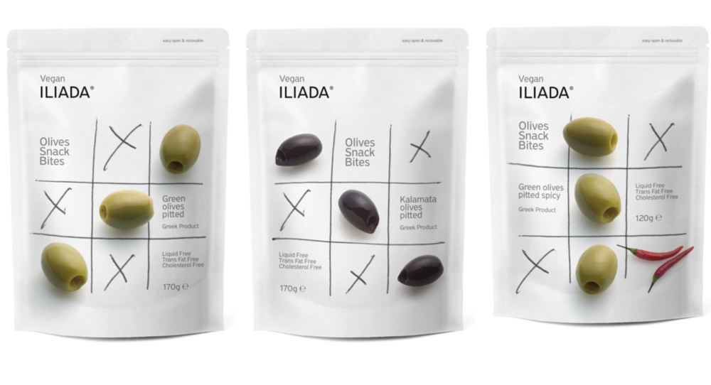 ILIADA橄榄零食（从左到右：去核绿橄榄、去核卡拉马塔橄榄、辣味去核绿橄榄），图片来源：Packaging of the World