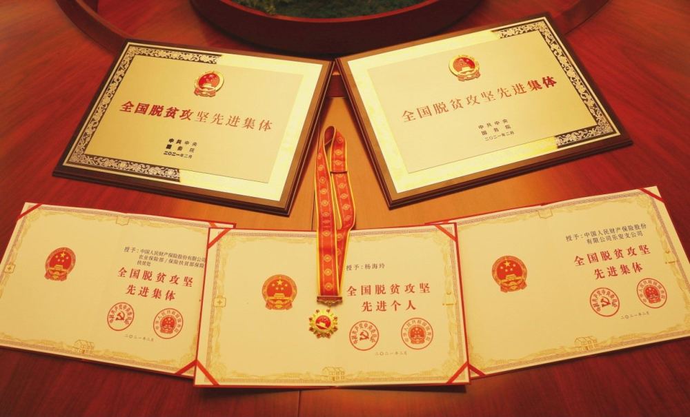 中国人保全国脱贫攻坚先进集体和个人奖状。图片来源：中国人保