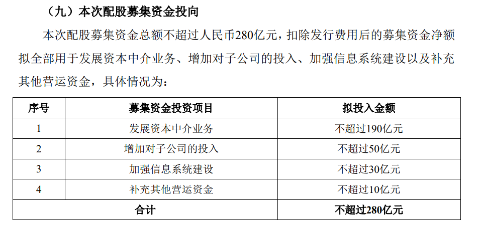 中信证券280亿配股计划曝光 未来三年分红计划也出炉