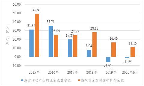 *苏宁环球2015年至20020年6月部分财务数据变化情况（记者根据历年年报数据制图）