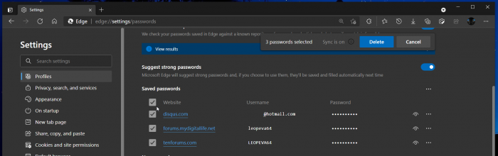 微软Edge Canary现在可以让用户一次性删除多个密码