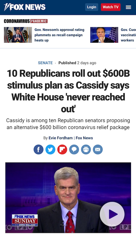 △福克斯新闻报道，共和党参议员卡西迪指出，拜登公布1.9万亿美元的经济刺激计划之前，并没有积极与两党温和派沟通