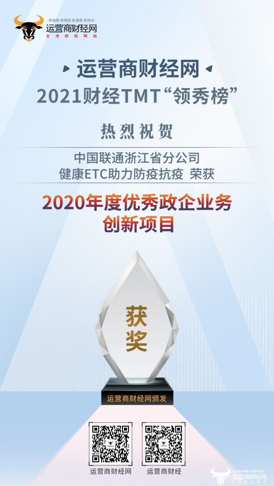 浙江联通“健康ETC助力防疫抗疫”荣获2020年度优秀政企业务创新项目