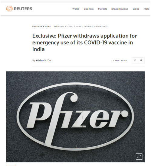 辉瑞撤回在印度新冠疫苗紧急使用授权申请：会重新提交