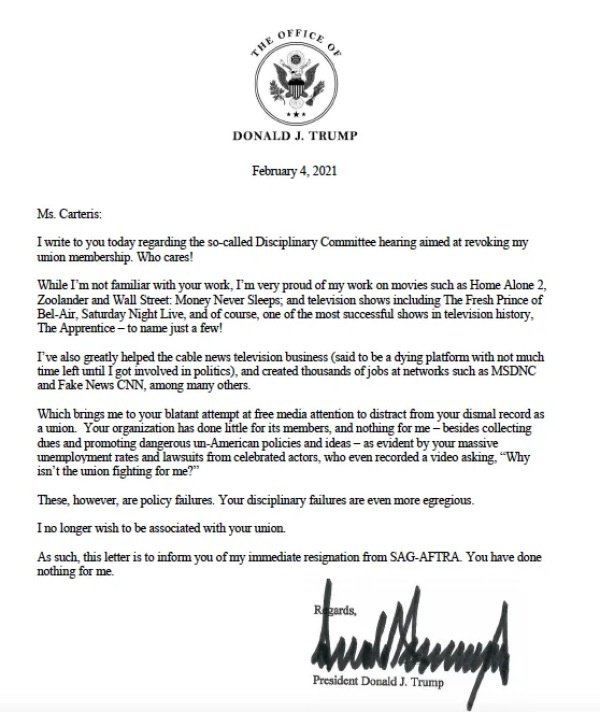 特朗普致信美国演员工会宣布退出落款依旧是总统唐纳德j特朗普