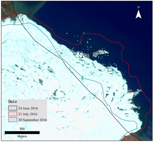 冰崩发生后大量冰体进入阿汝错 (图为第一次冰崩发生8天后即2016年7月25号的高分2号卫星图像)。