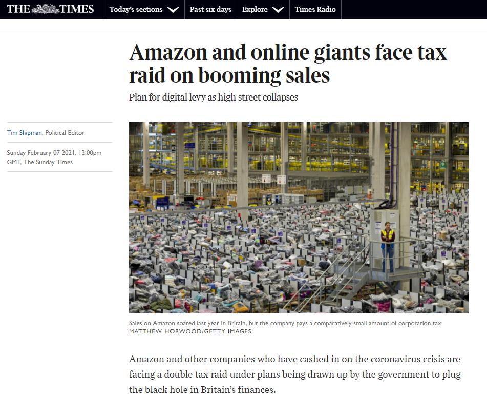 △《星期日泰晤士报》：亚马逊和在线巨头面临着销售额激增带来的税务突袭