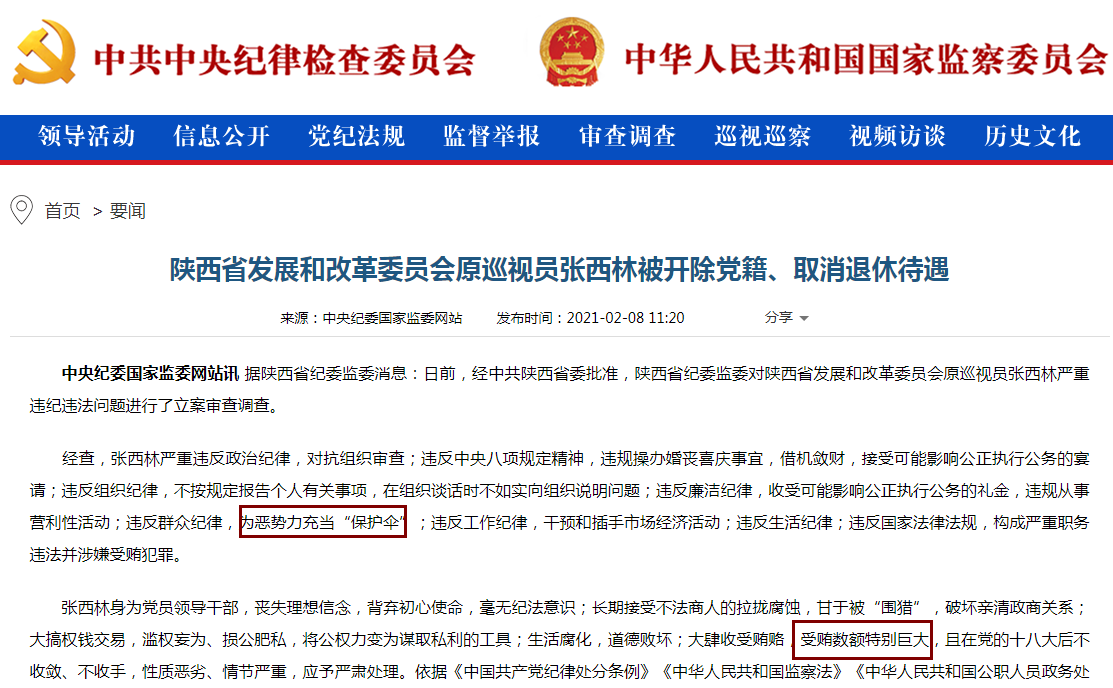 陕西省发改委原巡视员张西林被开除党籍、取消退休待遇