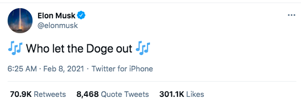 马斯克继续“煽风点火” 狗狗币再创新高，市值高达100亿美元