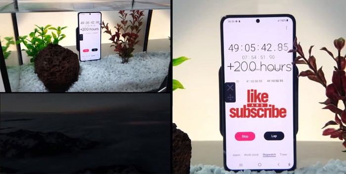 Galaxy S21在水族箱中浸泡11天后仍能继续工作 内置秒表已经走到第三轮