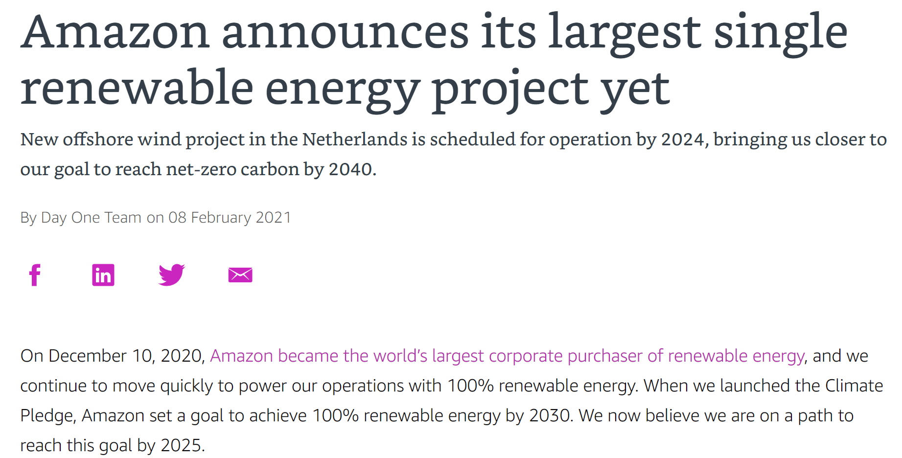 加码投资清洁能源 亚马逊官宣买下荷兰风电农场380兆瓦产能