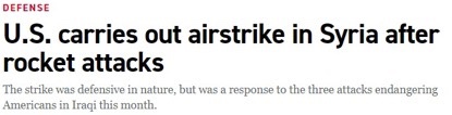 △美国“政客”网站的报道辩称，美国空袭叙利亚以回应火箭弹袭击。