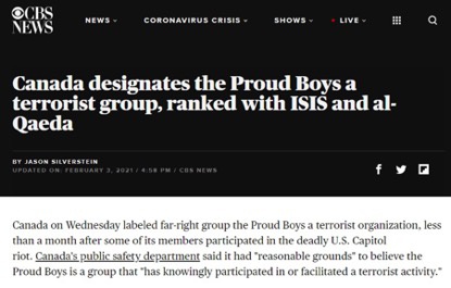 △美国哥伦比亚广播公司（CBS）报道，加拿大宣布美国“骄傲男孩”为恐怖组织。