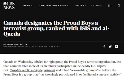 △美国哥伦比亚广播公司(CBS)报道,加拿大宣布美国“骄傲男孩”为恐怖组织。