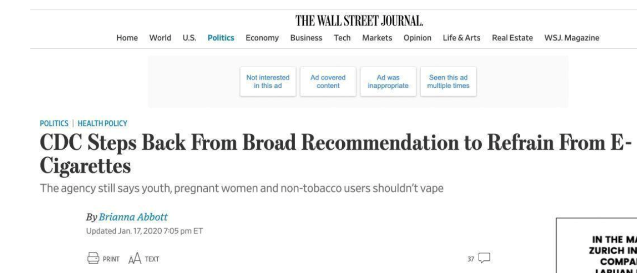 （图：2020年3月，美国疾控中心撤回了“建议公众不要使用电子烟”的不当指控。）