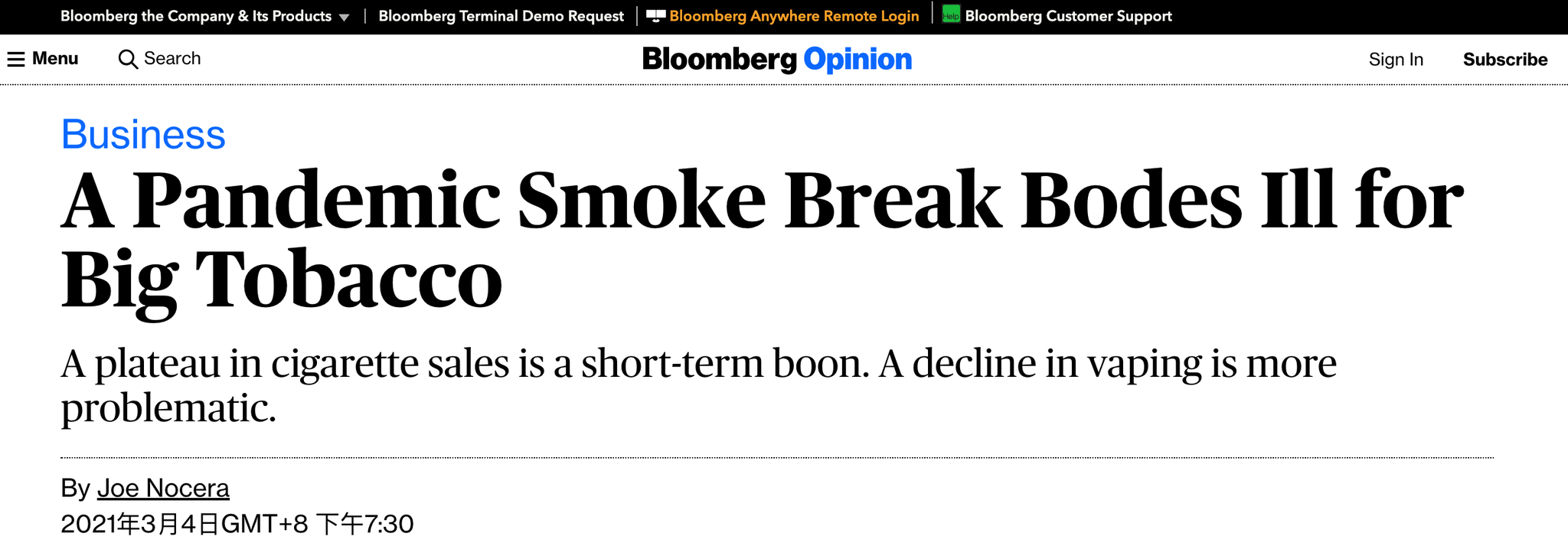 （图：3月4日，彭博社评论认为，疫情期间，美国吸烟率重新上升，这种情况让人忧虑。）
