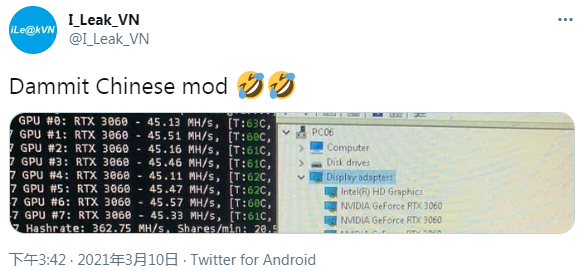 推特网友：RTX 3060已被破解 挖矿算力接近50MH/s