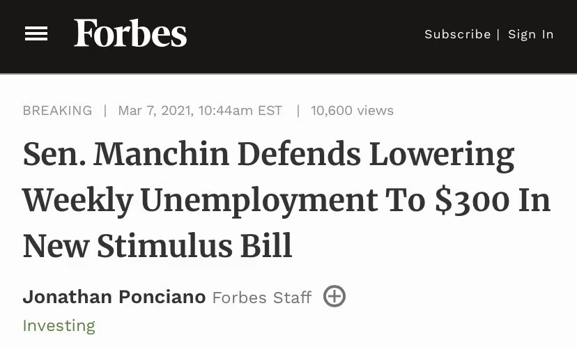 △《福布斯》报道，参议员曼钦认为降低失业金至每周300美元是合适的方案