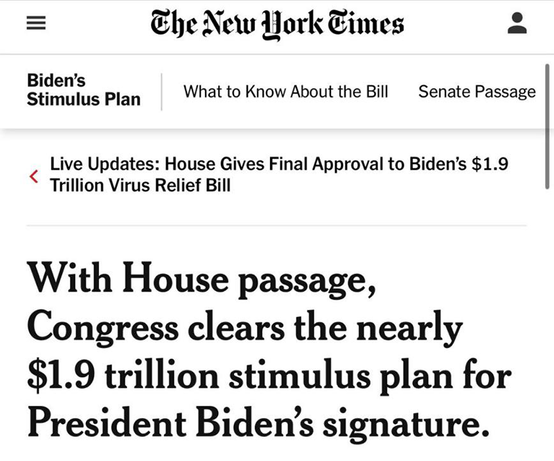 △《纽约时报》报道，美国国会众议院投票通过了新一轮经济刺激法案，只待拜登签字即可生效