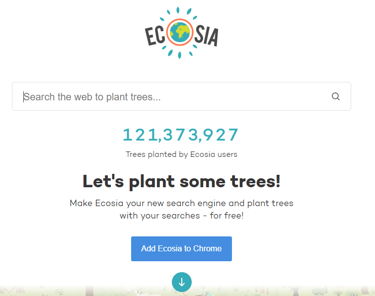 Ecosia的首页，搜索框下会滚动显示实时种树数量｜网页截图