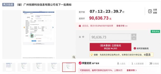 小鸣单车名下一批商标将拍卖 起拍价9.06万元