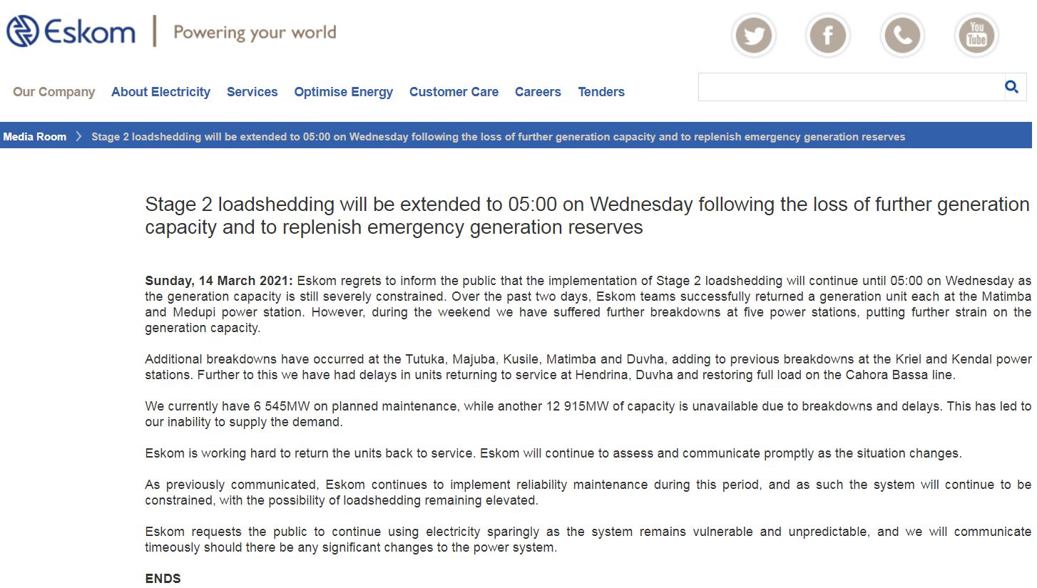 多家发电站出现故障 南非全国断电时间再次延长