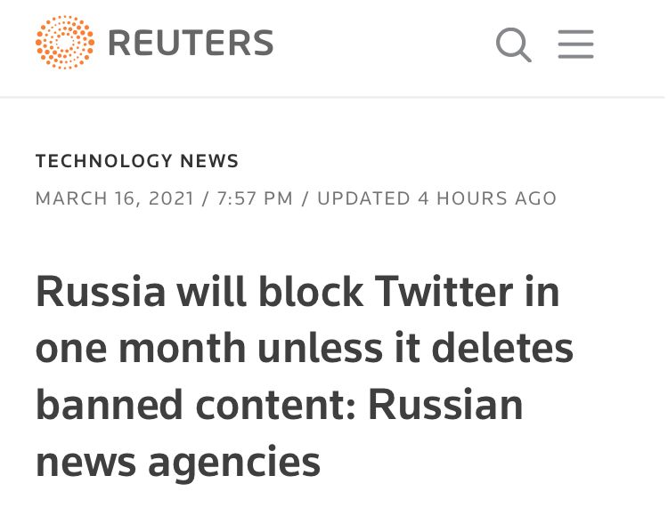 外媒：若推特不遵守删除被禁内容要求，俄罗斯将在一个月内封锁推特