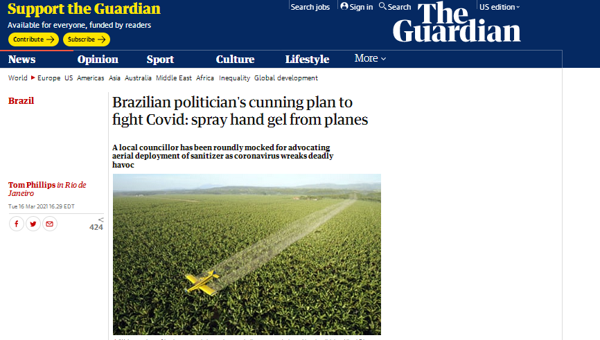 巴西议员提议“用飞机喷洒消毒液杀死新冠病毒”，网友讽刺：特朗普告诉你的？