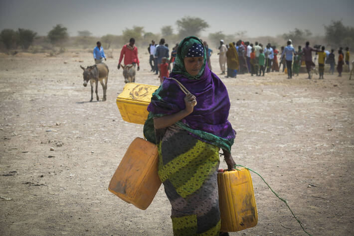 △埃塞俄比亚索马里地区一名妇女带着便携水桶去取水（图片来源：粮农组织官网）