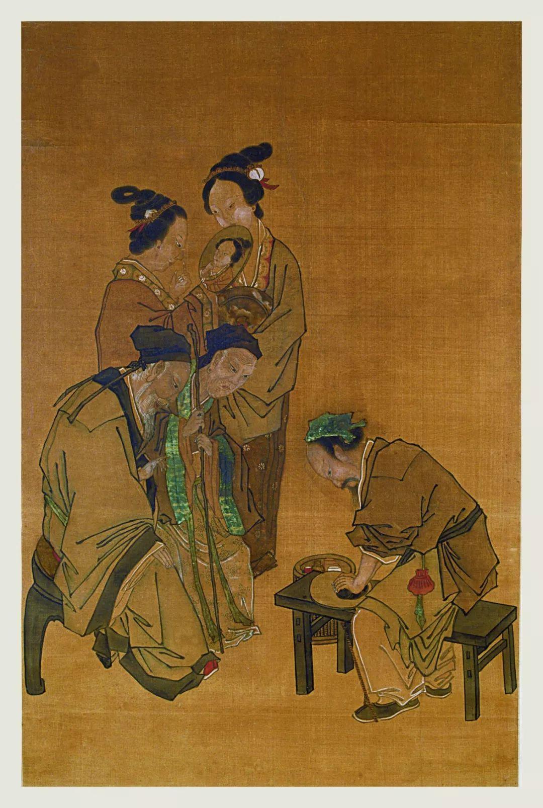 清代佚名画家的《磨镜图》,右下角的工匠在磨镜,左边两位站立的妇女