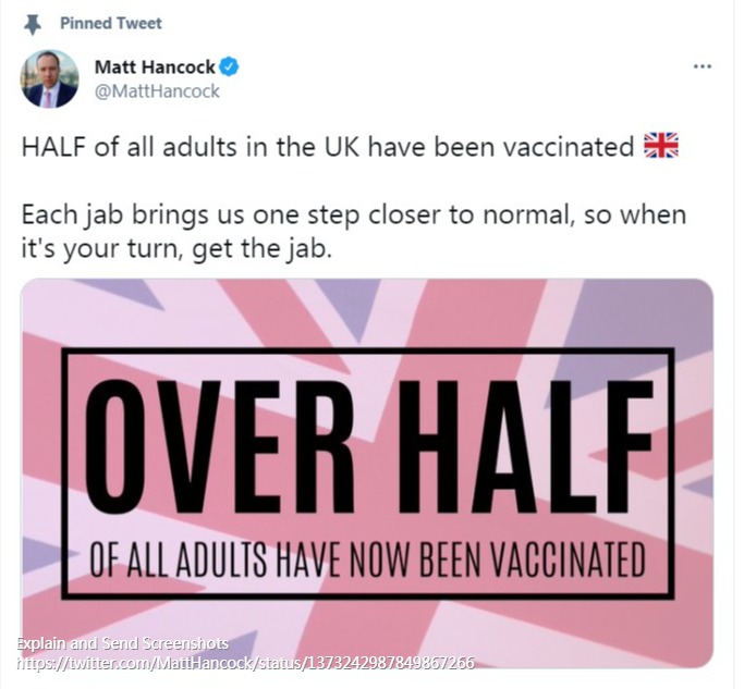 英国卫生大臣：英国一半成年人已接种新冠疫苗